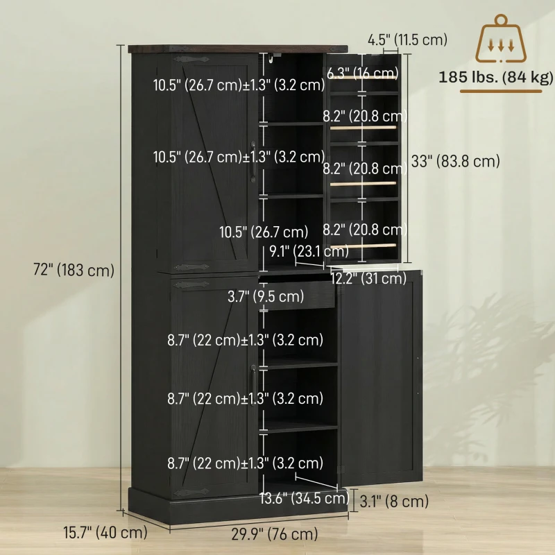 HOMCOM 72" Tall Kitchen Pantry Cabinet, Farmhouse Storage Cabinet with 8 Door Racks and Adjustable Shelves, Black