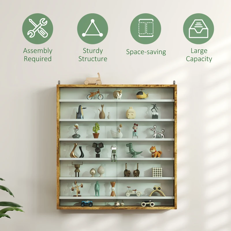 HOMCOM 7-Tier Display Cabinet, Shot Glass Display Case, Glass Curio Cabinet with 2 Glass Doors and 6 Adjustable Shelves, Rustic Brown