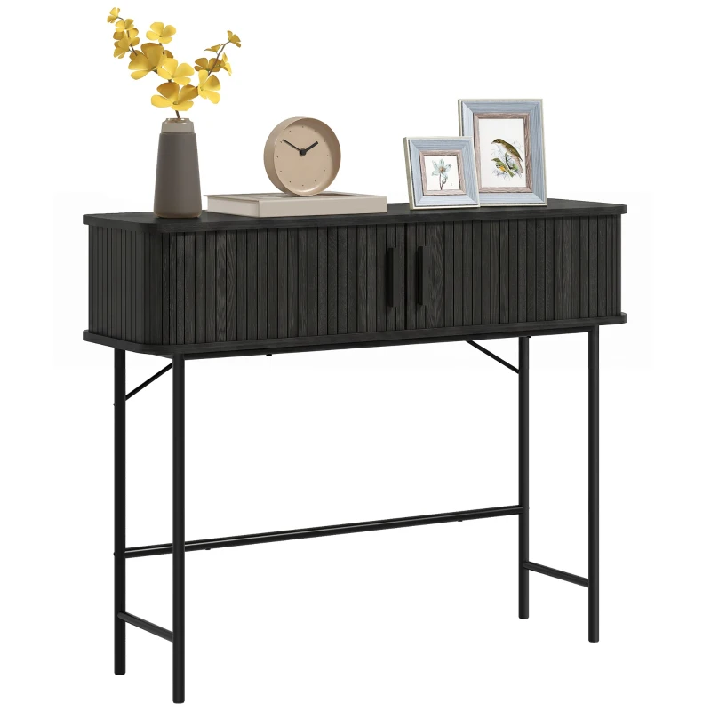 HOMCOM Mid-Century Entryway Table, Narrow Console Table with Storage Compartments for Behind Couch, Living Room, Black