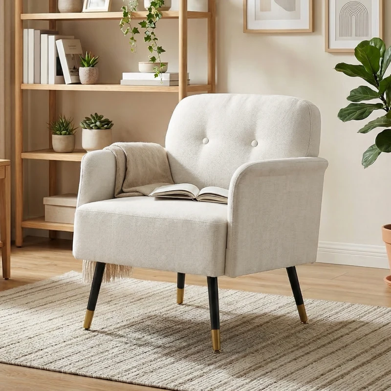 HOMCOM Accent Chair Modern Tufted with Metal Legs Upholstered Reading Armchair for Living Room Cream White