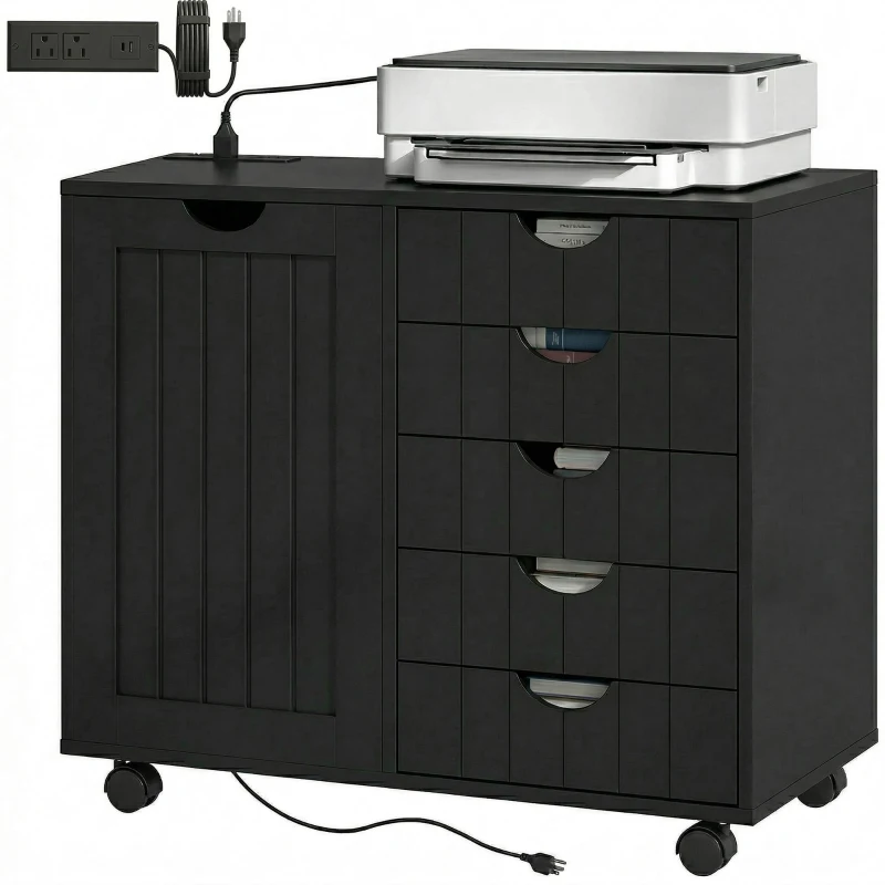 HOMCOM Mobile Lateral Filing Cabinet with 5 Drawers, Printer Stand with Power Outlets and USB Ports for Home Office, Black