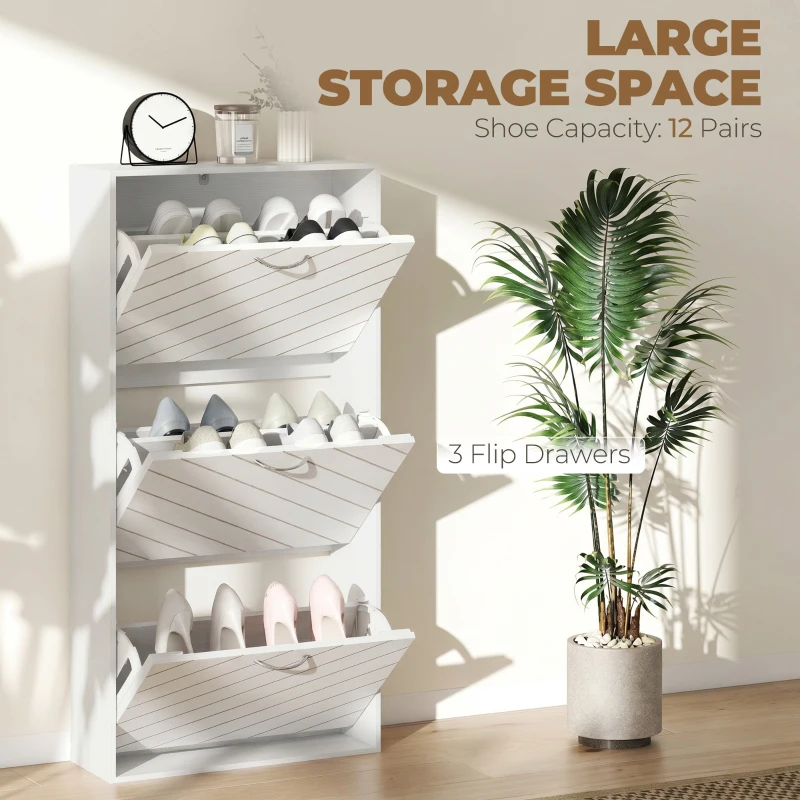 HOMCOM Shoe Storage Cabinet with 3 Flip Drawers, Narrow and Slim, 9-12 Pair of Shoes Organizer for Hallway, Entryway, White