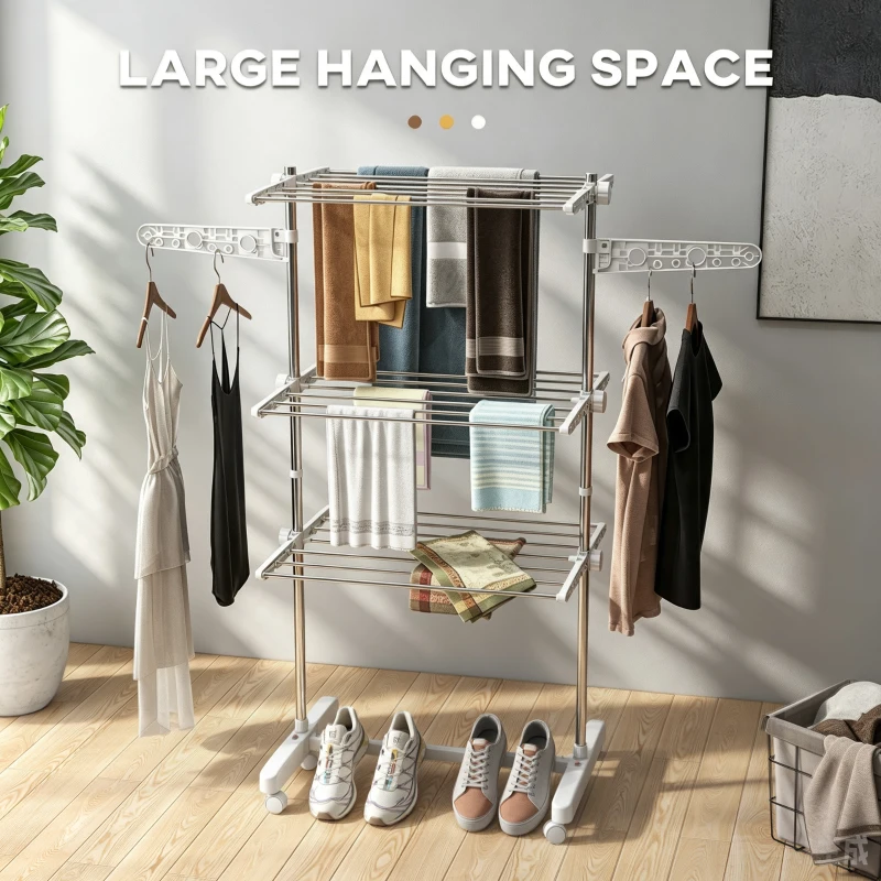 HOMCOM 3-Tier Foldable Clothes Drying Rack, Stainless Steel Laundry Rack with 2 Side Wings and 6 Castors, Collapsible Adjustable Clothes Airer for Indoor Outdoor, White