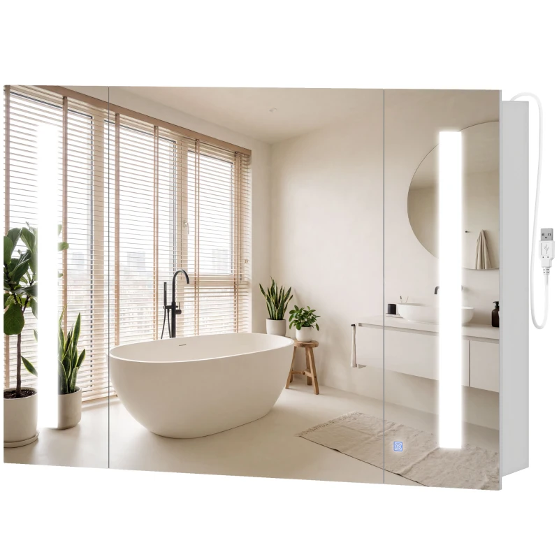 kleankin Medicine Cabinet with Mirror, Wall Mounted Bathroom Mirror Cabinet with Adjustable Shelf, USB Charge, High Gloss White