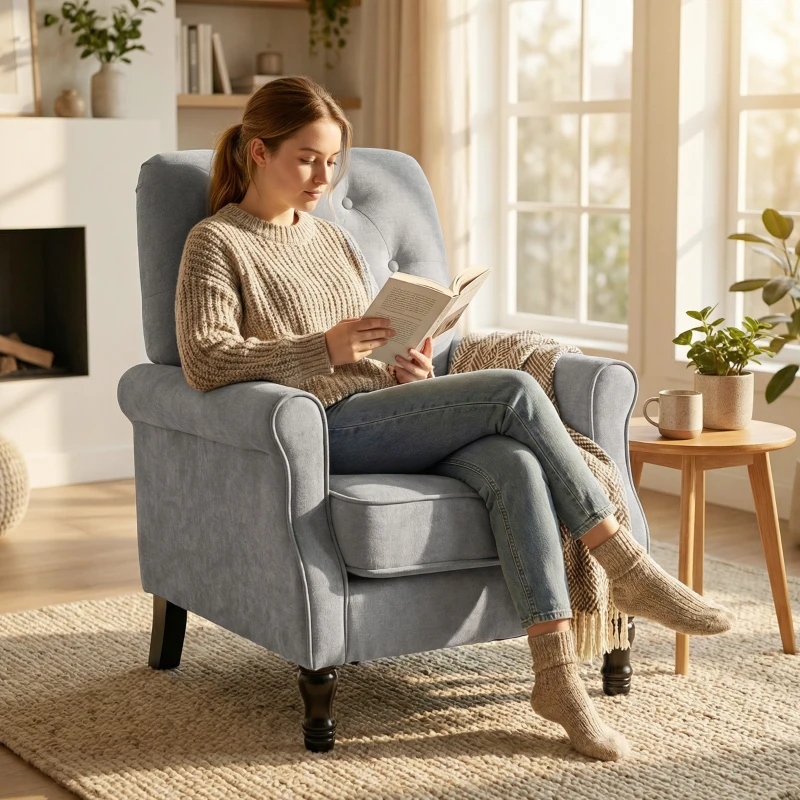 HOMCOM Accent Chair, Mid-Century Modern Armchair with Thick Padded Seat, Spring Cushion, Solid Wood Legs, Grey