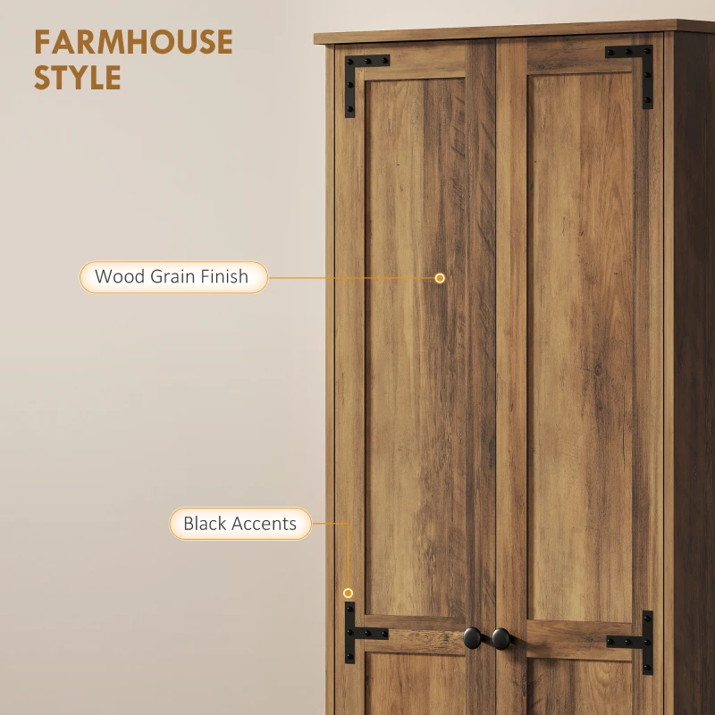 HOMCOM 67" Farmhouse Pantry Cabinet with 2 Doors, Tall Storage Cabinet with Adjustable Shelves, Brown Wood Grain