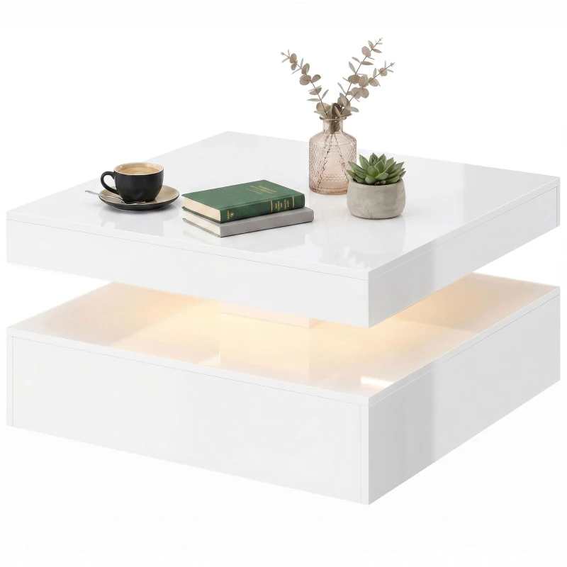 HOMCOM LED Coffee Table with Storage, 2-Tier Modern Center Table with Open Shelf and Remote for Living Room, High Gloss White