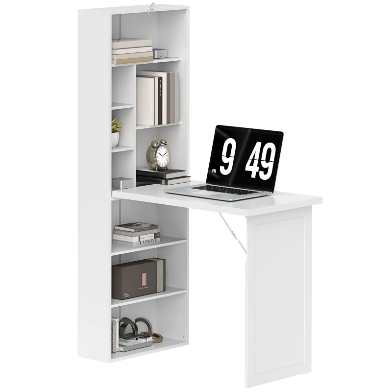 HOMCOM Fold-out Convertible Office Desk, Wall Mount Computer Desk with Whiteboard and Side Shelf, White