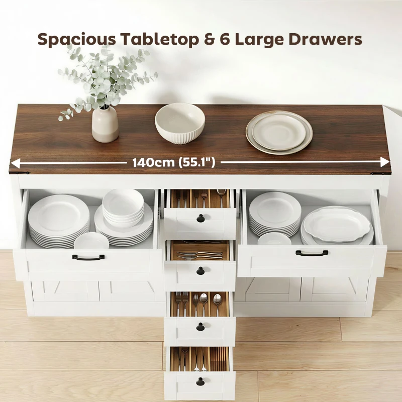 HOMCOM Sideboard Buffet Cabinet, 55" Farmhouse Kitchen Cabinet with 4 Barn Doors, 6 Drawers and 2 Adjustable Shelves, White