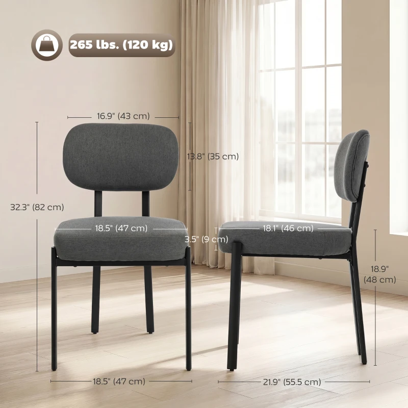 HOMCOM Upholstered Linen Fabric Kitchen Chairs, Modern Dining Chairs Set of 2 with Metal Legs, Grey