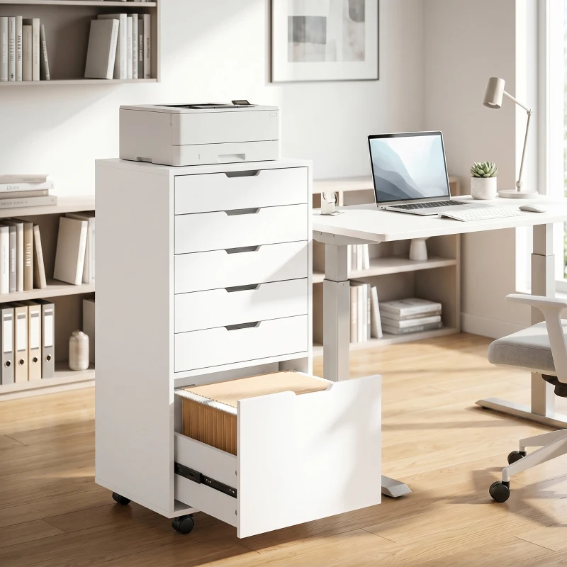 HOMCOM File Cabinet on Wheels Mobile Printer Stand with 6 Drawers for Home Office White