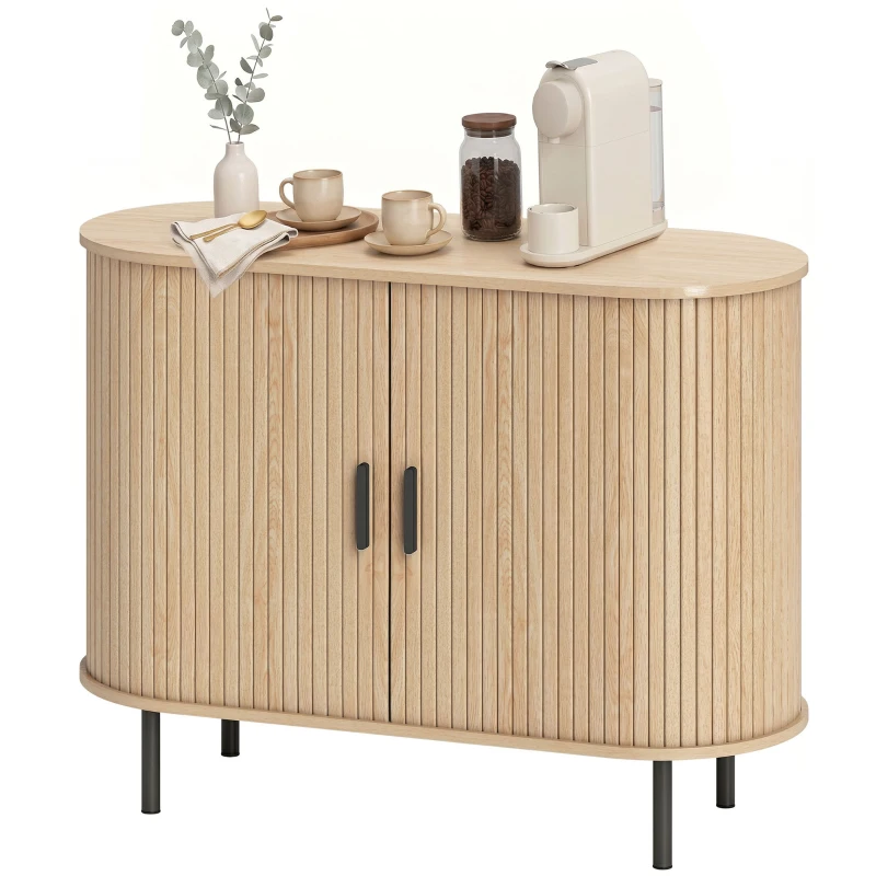 HOMCOM Sideboard Buffet Cabinet with Curved Tambour Doors and Storage, Natural Wood