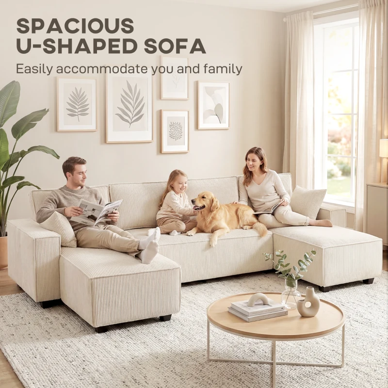 HOMCOM Modular U Shaped Couch, Sectional Sofa with Double Chaises and Spring Cushions, Beige