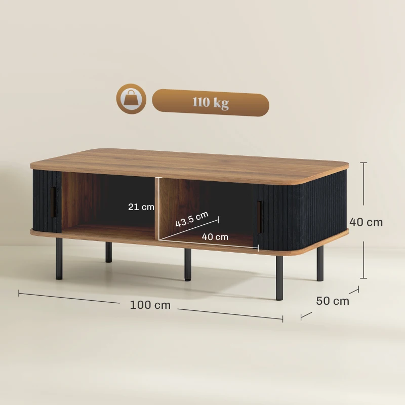 HOMCOM Nordic Side Table with Fluted Tambour Sliding Doors and Steel Legs, Coffee Table with Storage for Living Room, Black