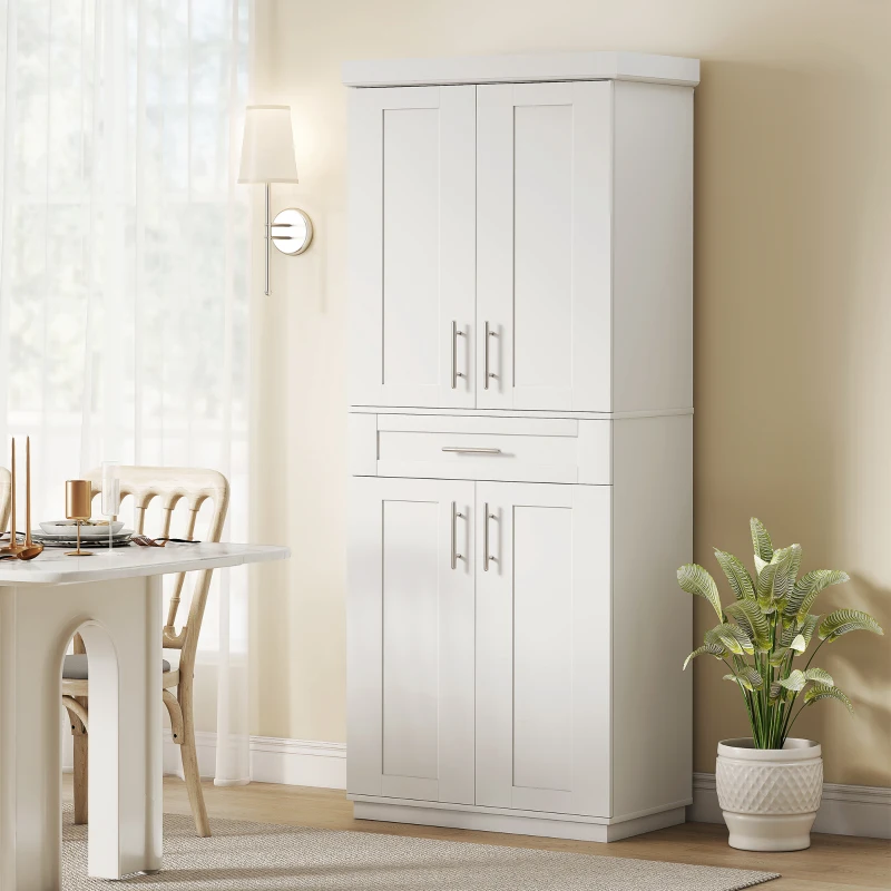 HOMCOM 72" Storage Cabinet, Freestanding Kitchen Pantry Cabinet with 4 Doors, Drawer and 3 Adjustable Shelves, White