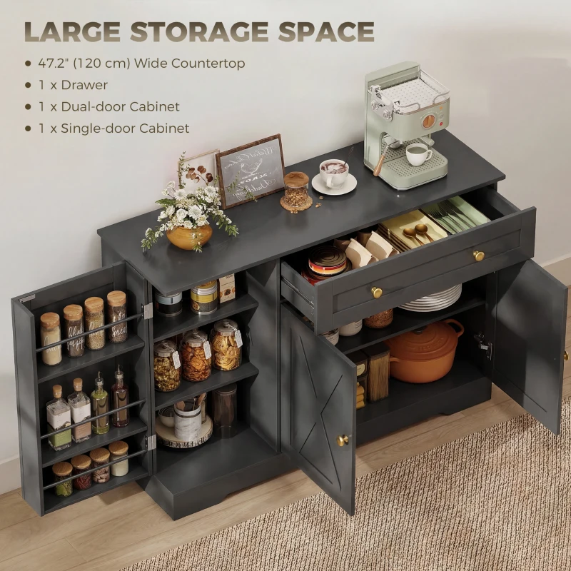 HOMCOM Sideboard Buffet Cabinet, Farmhouse Coffee Bar Cabinet with Door Shelves, Adjustable Shelves, Drawer, Barn Doors, Black