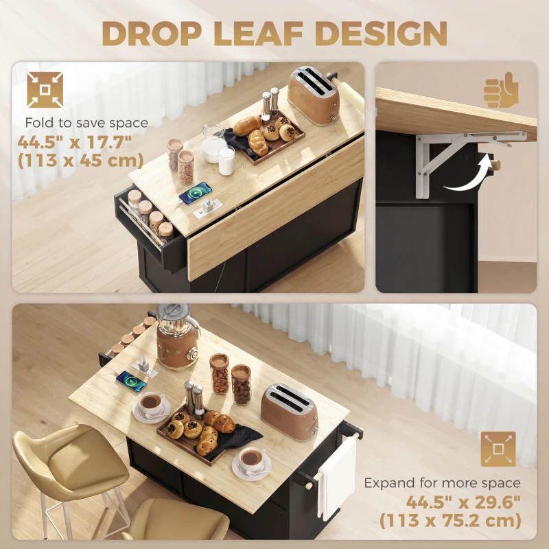 HOMCOM Kitchen Island with Drop Leaf, Rolling Kitchen Cart with Power Outlet, Cabinet, 3 Drawers, Spice Rack, Towel Bar, Black