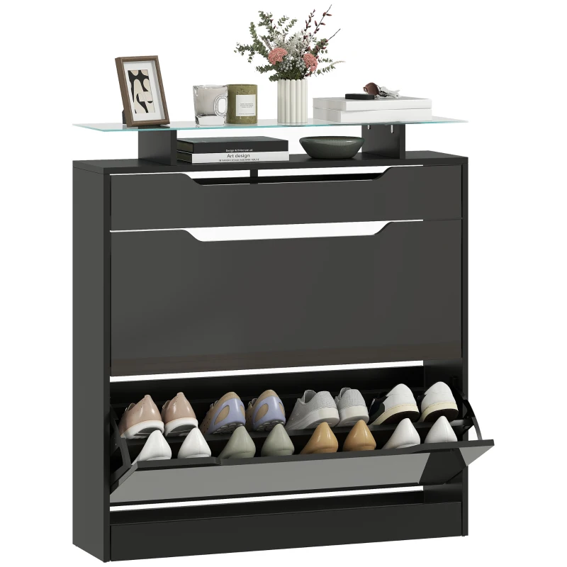 HOMCOM High Gloss Shoe Cabinet with 2 Flip Drawers and Adjustable Shelves, Narrow Shoe Storage Cabinet with Glass Top, Black