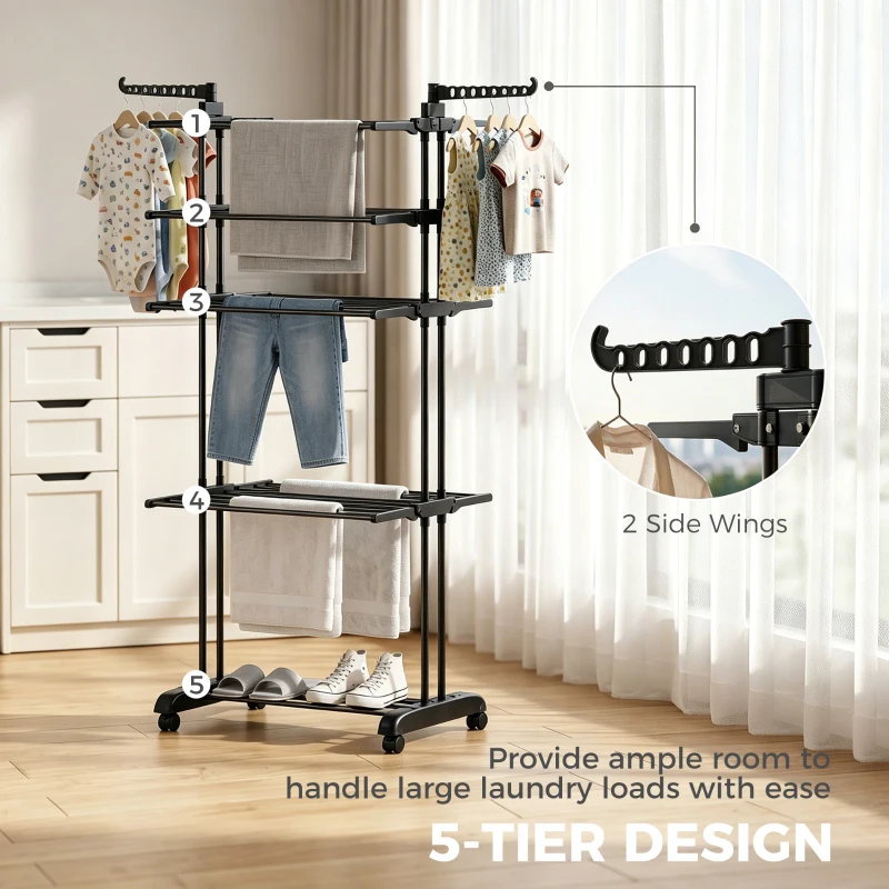 HOMCOM 5-Tier Clothes Drying Rack, Foldable Laundry Drying Rack with Wheels, Side Wings, Black