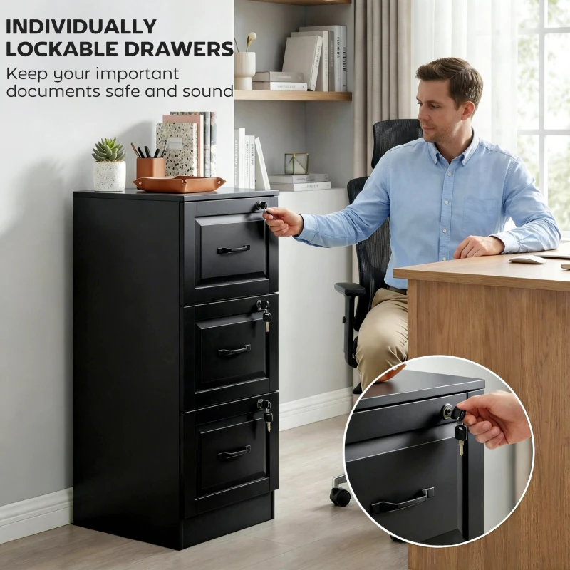 HOMCOM 3 Drawer File Cabinet with Lock, Vertical Filing Cabinet with Adjustable Hanging Bars for A4 and Letter Size, Black
