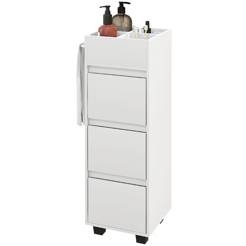 HOMCOM Slim Bathroom Cabinet, Bathroom Storage Cabinet with 4 Top Compartments, 3 Drawers & Towel Rack for Narrow Spaces, White