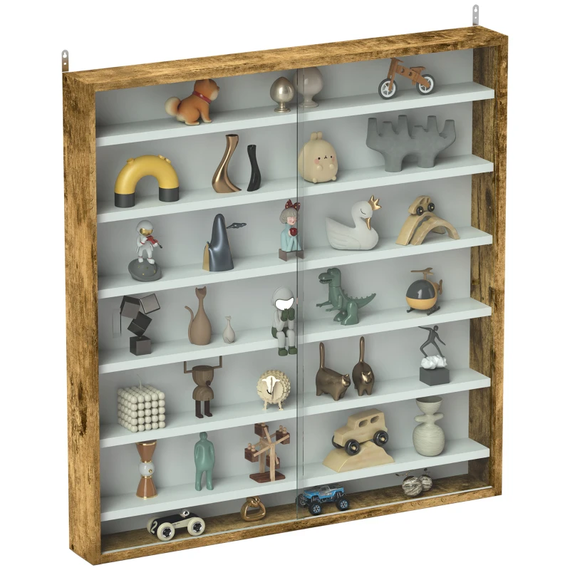 HOMCOM 7-Tier Display Cabinet, Shot Glass Display Case, Glass Curio Cabinet with 2 Glass Doors and 6 Adjustable Shelves, Rustic Brown