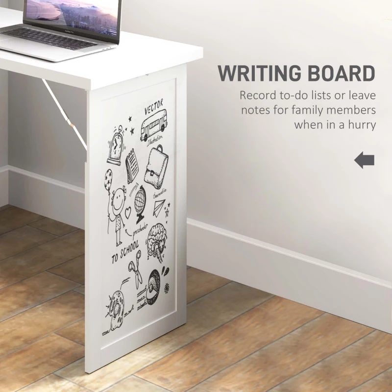 HOMCOM Fold-out Convertible Office Desk, Wall Mount Computer Desk with Whiteboard and Side Shelf, White