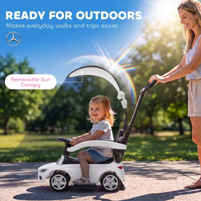 Qaba 3 in 1 Toddler Push Car Licensed Mercedes-Benz with Push Handle, Canopy, Guardrails, Horn, Music for 18-36 Months, White