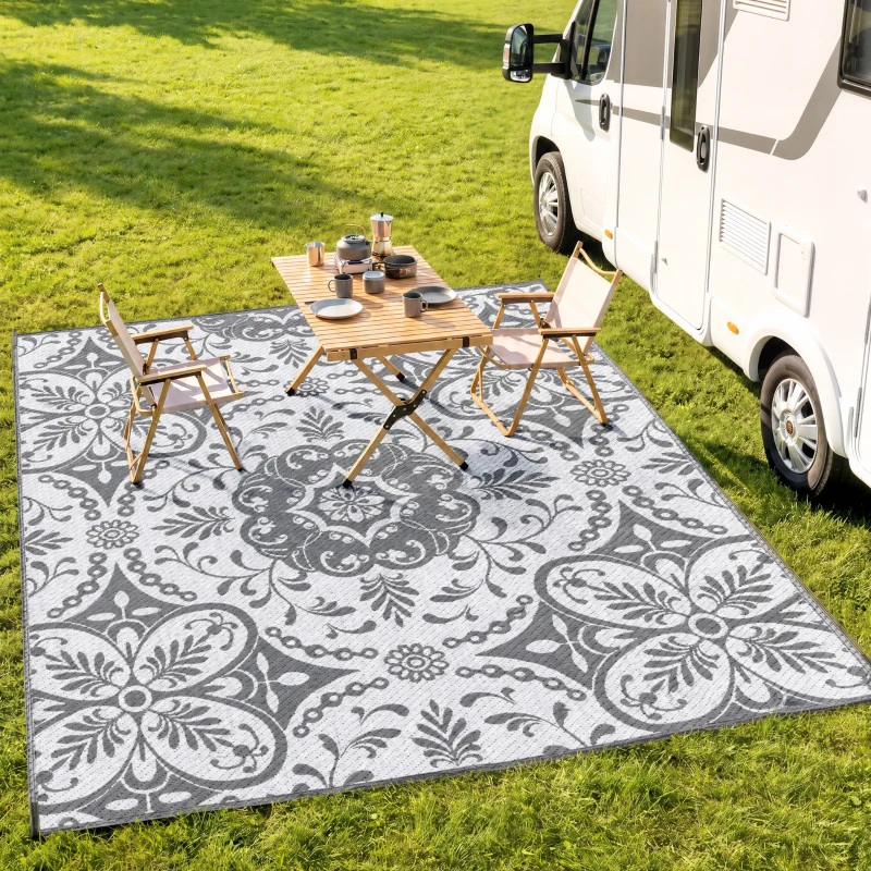 Outsunny Portable Outdoor Rug with Carry Bag, 9' x 12' Reversible Mat, Waterproof Plastic Straw RV Rug for Backyard, Deck, Picnic, Beach, Camping, Gray & White Flower