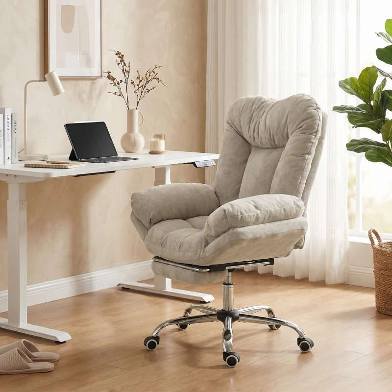 HOMCOM Criss Cross Chair with Wheels, Waterfall Armrests, Overstuffed Wide Office Chair with Footrest, Light Grey