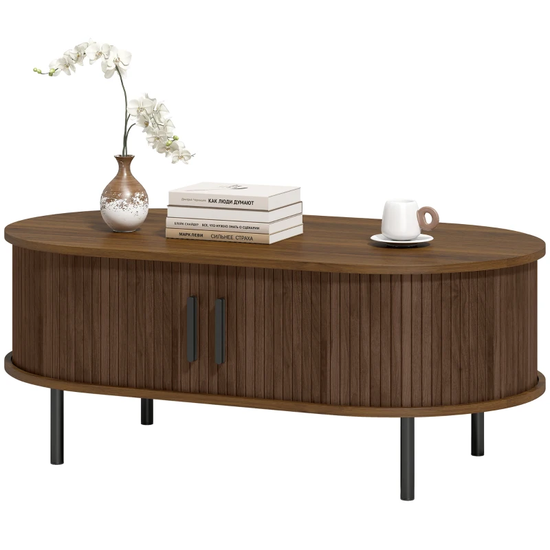 HOMCOM Coffee Table with Sliding Tambour Doors and Storage Center Table with Metal Legs, 39", Brown