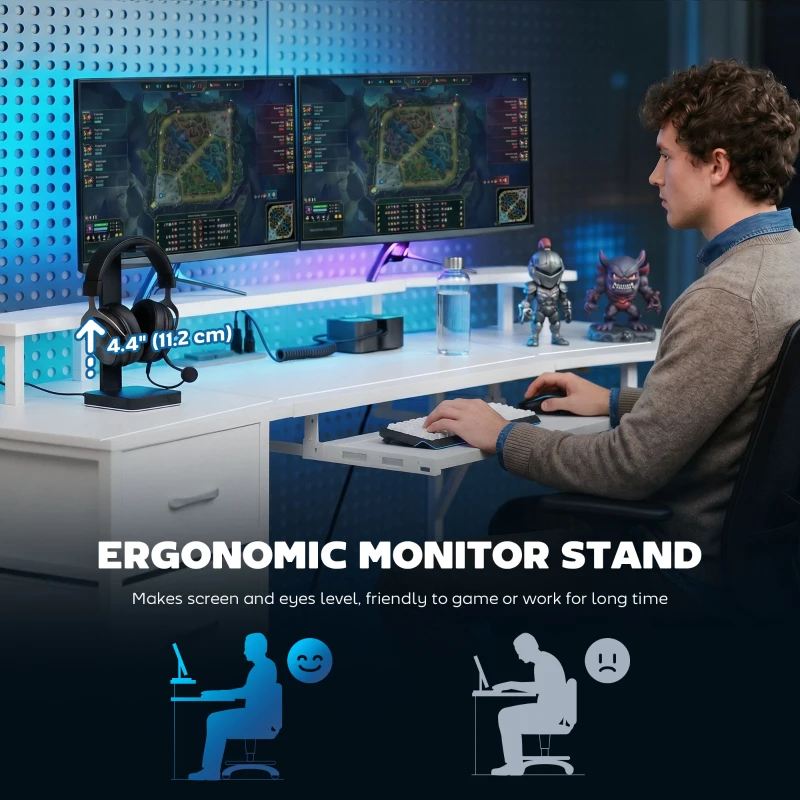 HOMCOM 79 inch Gaming Desk with RGB Lights, Computer Table with Power Outlets & USB Ports, Keyboard Tray and 2 Drawers, White