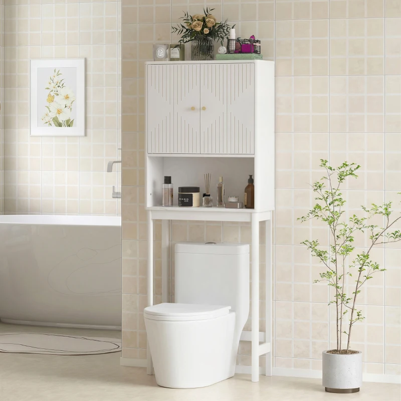 HOMCOM Over The Toilet Storage Cabinet with Adjustable Shelf, Open Shelf and Adjustable Bottom Bar, White