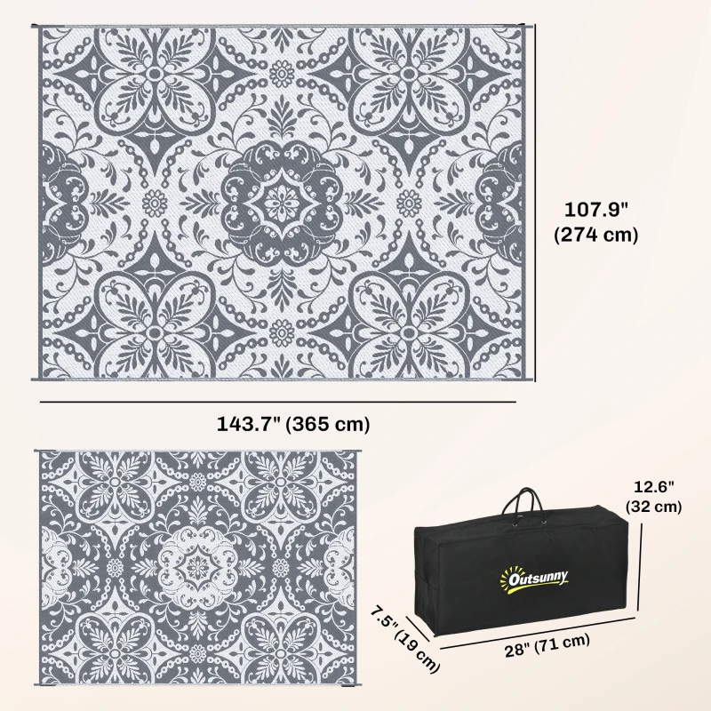 Outsunny Portable Outdoor Rug with Carry Bag, 9' x 12' Reversible Mat, Waterproof Plastic Straw RV Rug for Backyard, Deck, Picnic, Beach, Camping, Gray & White Flower