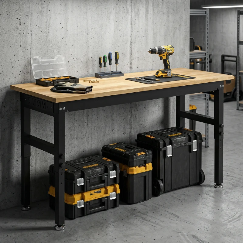 HOMCOM 48" Adjustable Workbench, Heavy Duty Work Table with Rubber Wood Top, Power Outlets, Pegboard, 2000 LBS Capacity