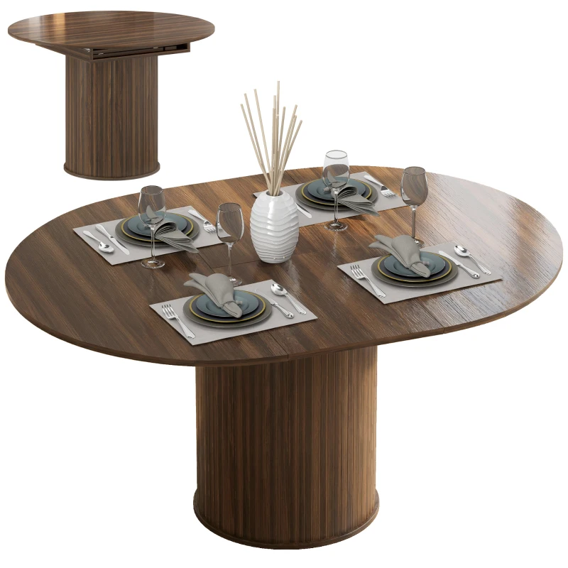 HOMCOM Extendable Kitchen Table for 6-8, 43.5"-59" Farmhouse Dining Table with Pedestal Base Walnut Wood Grain