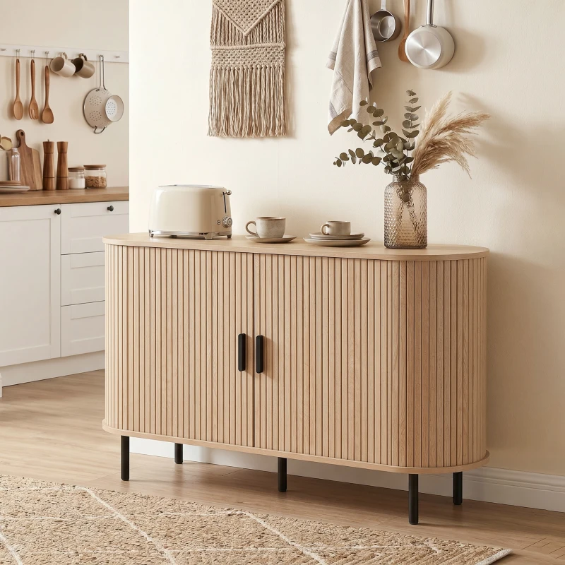 HOMCOM Fluted Sideboard Buffet Cabinet, 55" Mid Century Coffee Bar Cabinet with Sliding Doors and Adjustable Shelves, Natural