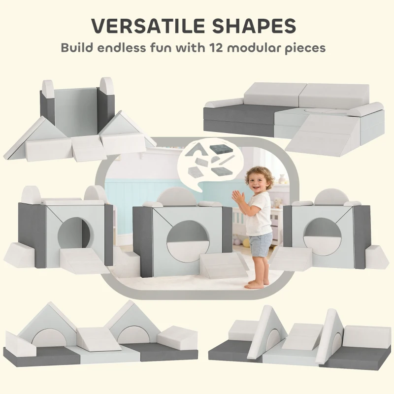 Qaba 12 PCS Modular Kids Play Couch, Child Sectional Sofa for Toddlers, Convertible Foam and Floor Cushion, Grey