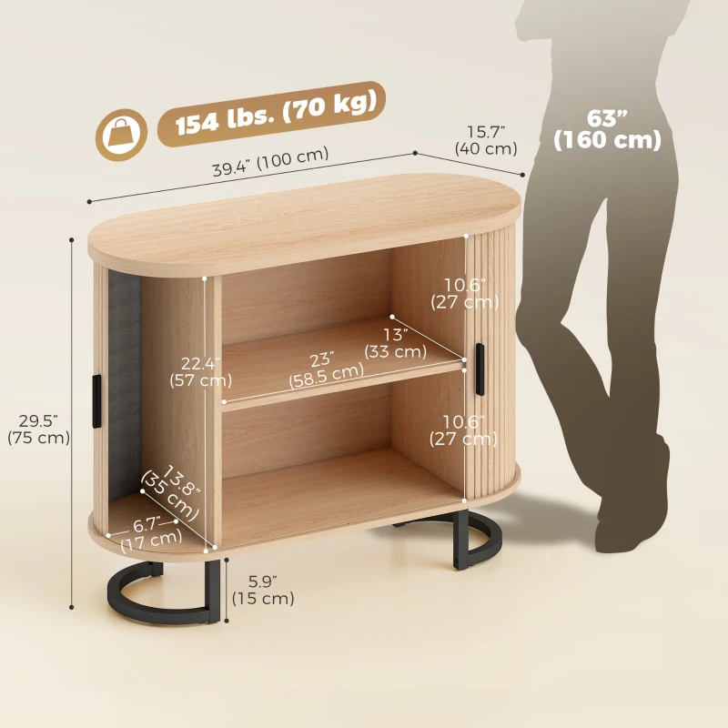 HOMCOM Sideboard Buffet Cabinet with Curved Tambour Doors, Thick Tabletop and Arc Metal Legs Natural Wood