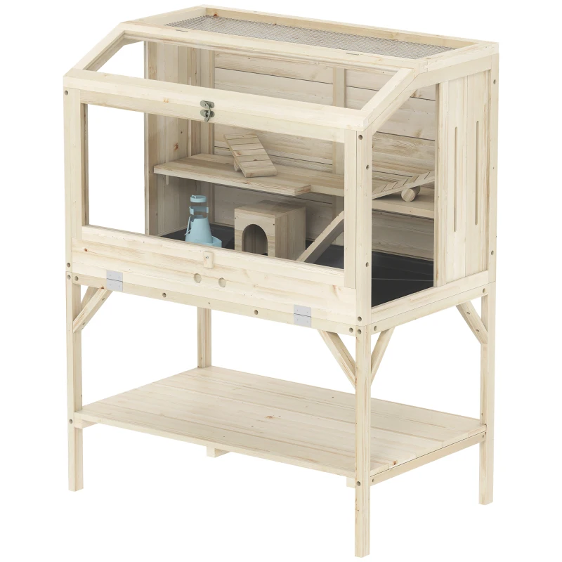 PawHut Wooden Hamster Cage with Openable Top, Water Bottle, Transparent Panels for Syrian, Dwarf Hamsters and Gerbils, Natural