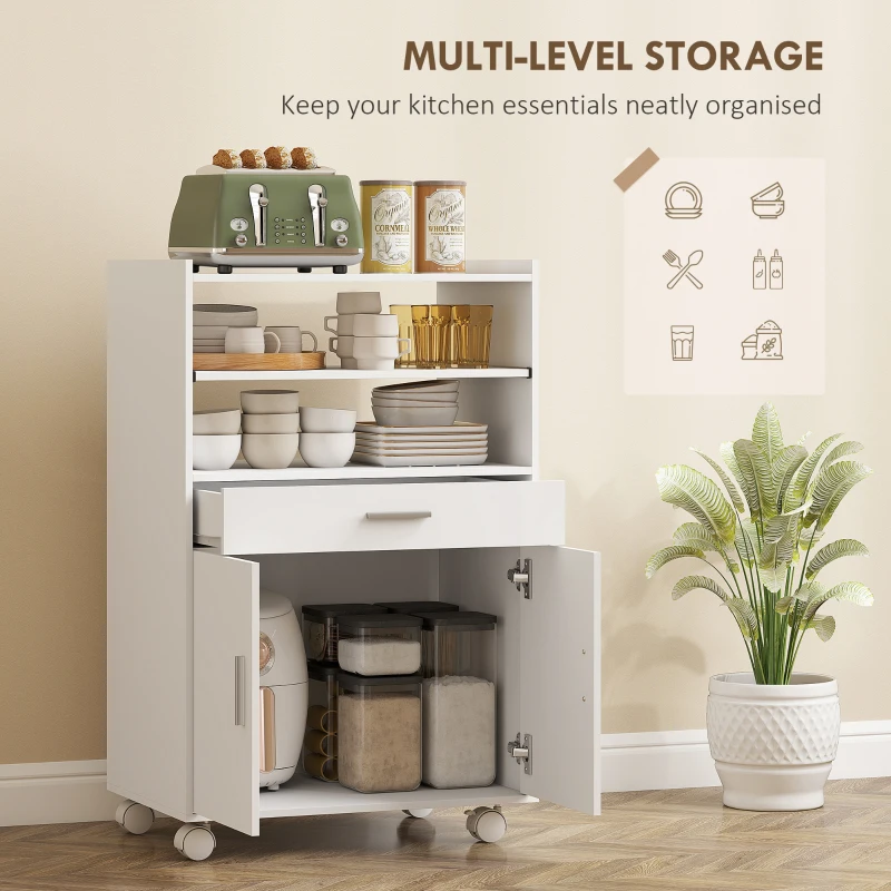 HOMCOM Microwave Cart with Wheels, Microwave Stand with Worktop, Open Shelves and Drawer, Storage Cabinet, White