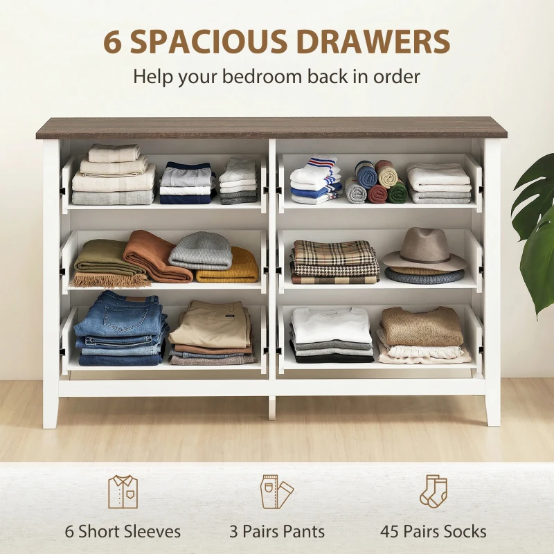 HOMCOM Wide Dresser for Bedroom with 6 Drawers Storage Chest of Drawers for Living Room, Closet, Laundry, Entryway