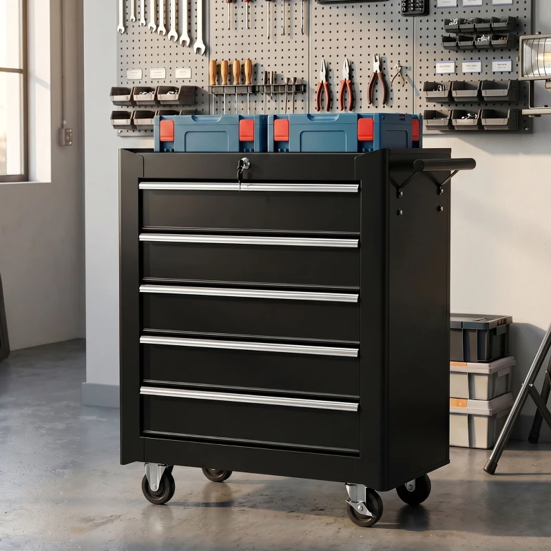 HOMCOM Rolling Tool Chest, 5-Drawer Lockable Tool Cabinet with 4 Wheels, Handle, Toolbox Storage Organizer for Garage, Workshop, Repair Shop, Black