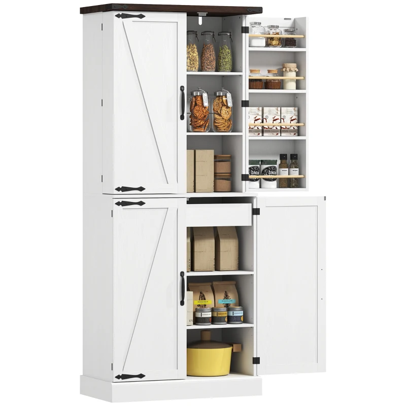HOMCOM 72" Tall Kitchen Pantry Cabinet, Farmhouse Storage Cabinet with 8 Door Racks and Adjustable Shelves, White