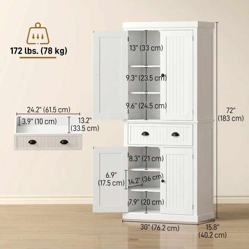 HOMCOM 72" Kitchen Pantry, Freestanding Storage Cabinet with Drawer, Doors, White
