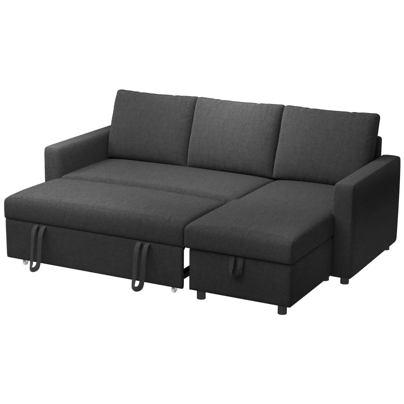 HOMCOM 83" Sofa Bed, Pull Out Sleeper L Shaped Sectional Couch with Reversible Storage Chaise, Wide and Deep Seat, Black