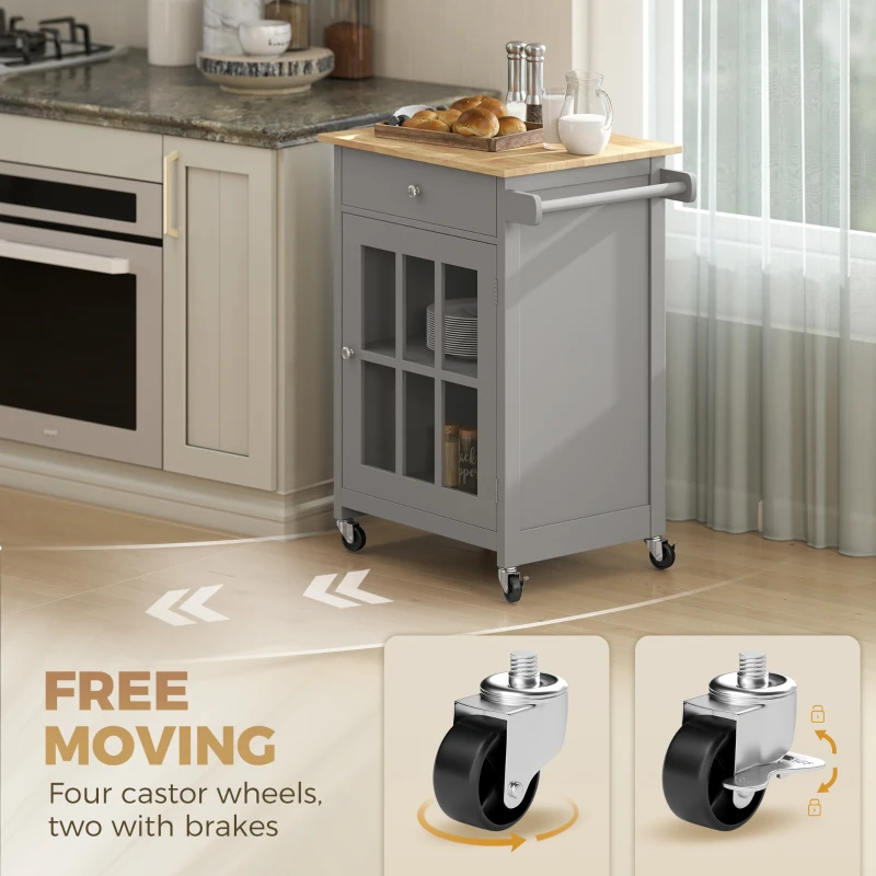 HOMCOM Rolling Kitchen Cart with Drawer and Glass Door Cabinet, Kitchen Island on Wheels with Towel Rack, Dark Grey