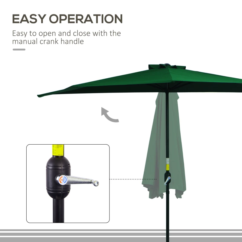 Outsunny 9.8ft Half Umbrella Semi Round Patio Parasol with Crank Handle, Top Vent for Garden, Balcony- NO BASE INCLUDED, Green
