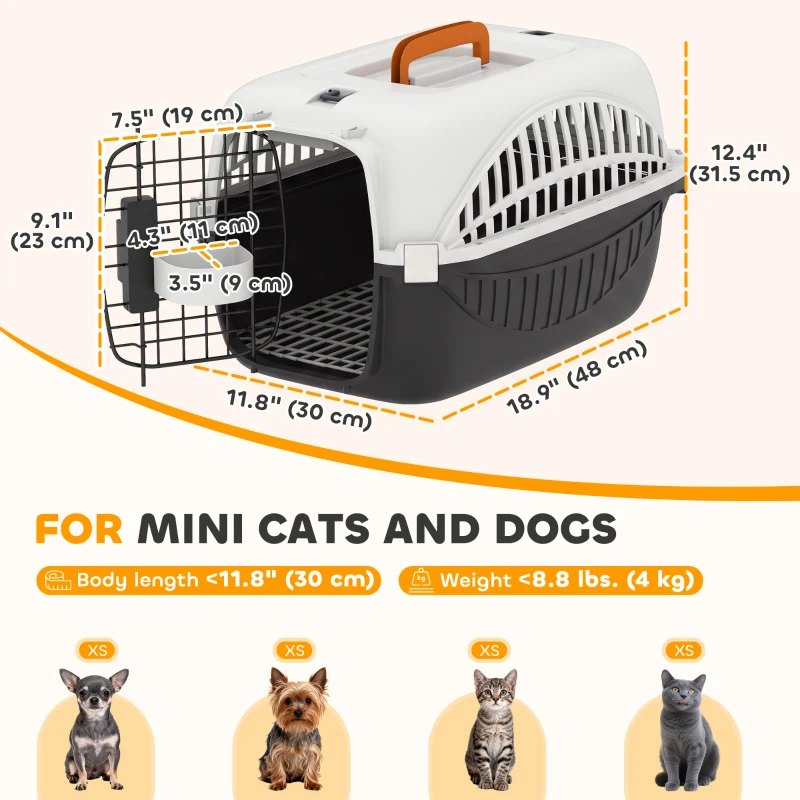 PawHut Airline Approved Pet Carrier for Mini Dogs and Cats with Steel Wire Door, Water Bowl, for Car, Airplane, Outdoor, Balck