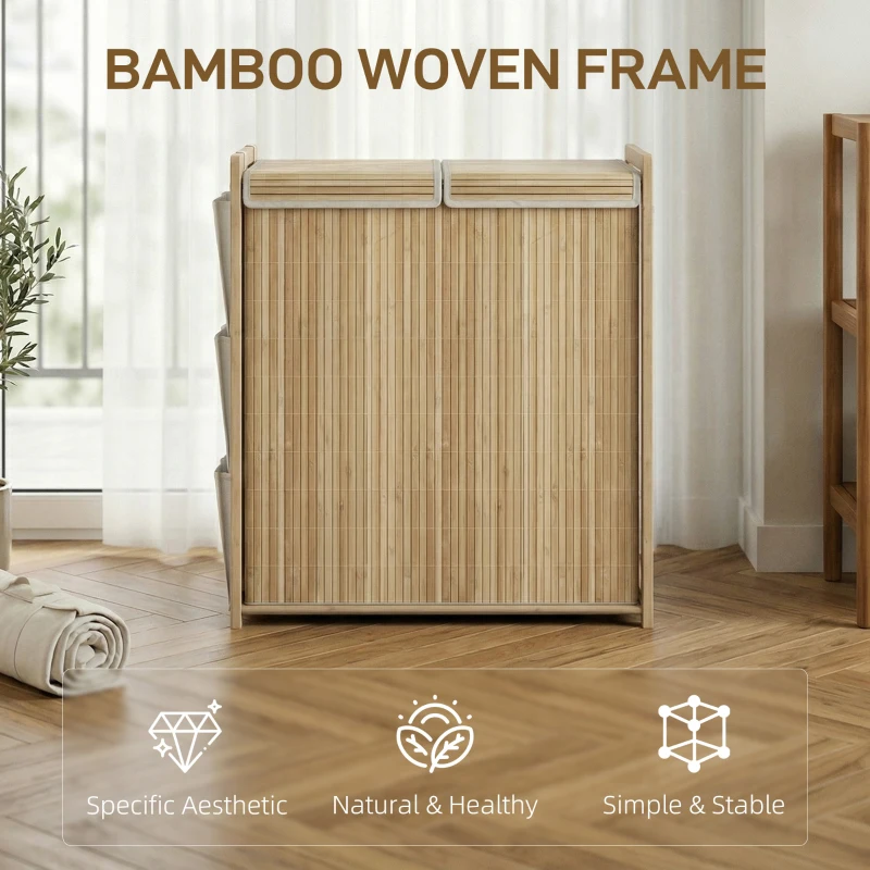 HOMCOM Bamboo Laundry Hamper with Removable Drawstring Bag and Side Storage Pockets, 32 Gal, Natural